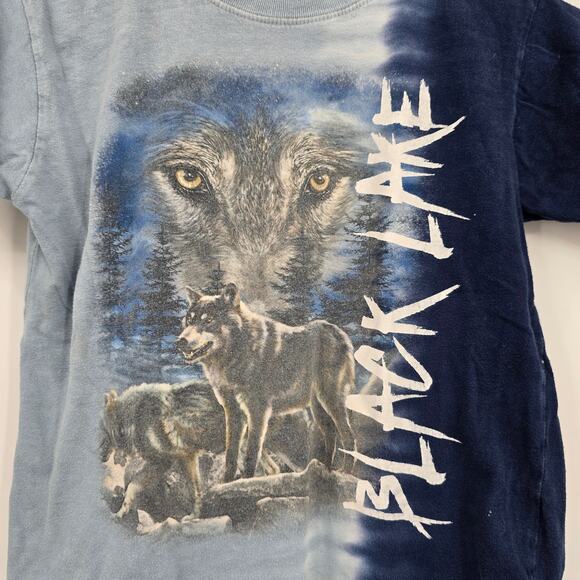 Kid U Not Vintage Youth‎ Tie Dye Wolf Graphic Black Lake T-Shirt Blue Size Small - Picture 6 of 6